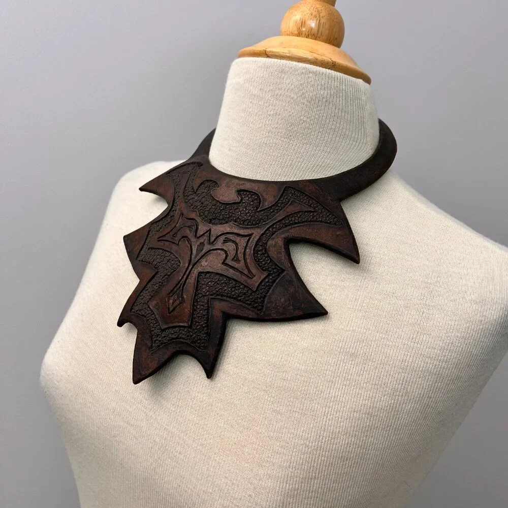 Vintage Leather Breastplate Choker Engraved Necklace Statement Piece African